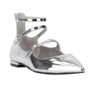 INC Womens Pointed Toe Silver Strappy Flats With Ankle Strap & Back Zipper Size